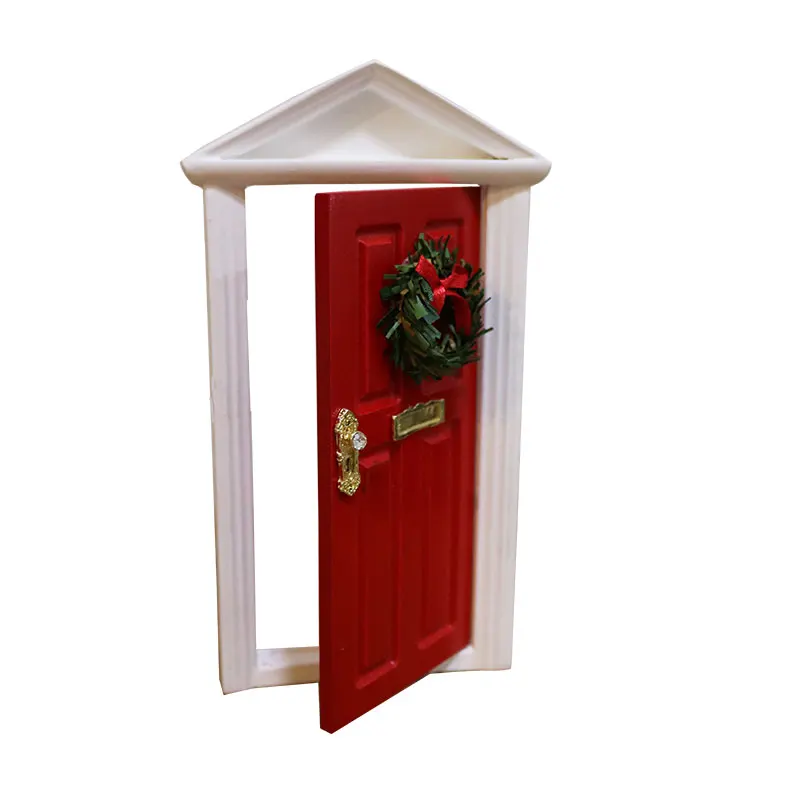 Gift Toys For Kids 1:12 Miniature Wood Red Elf Door with Doorlock Wreach With Baby Elf Doll