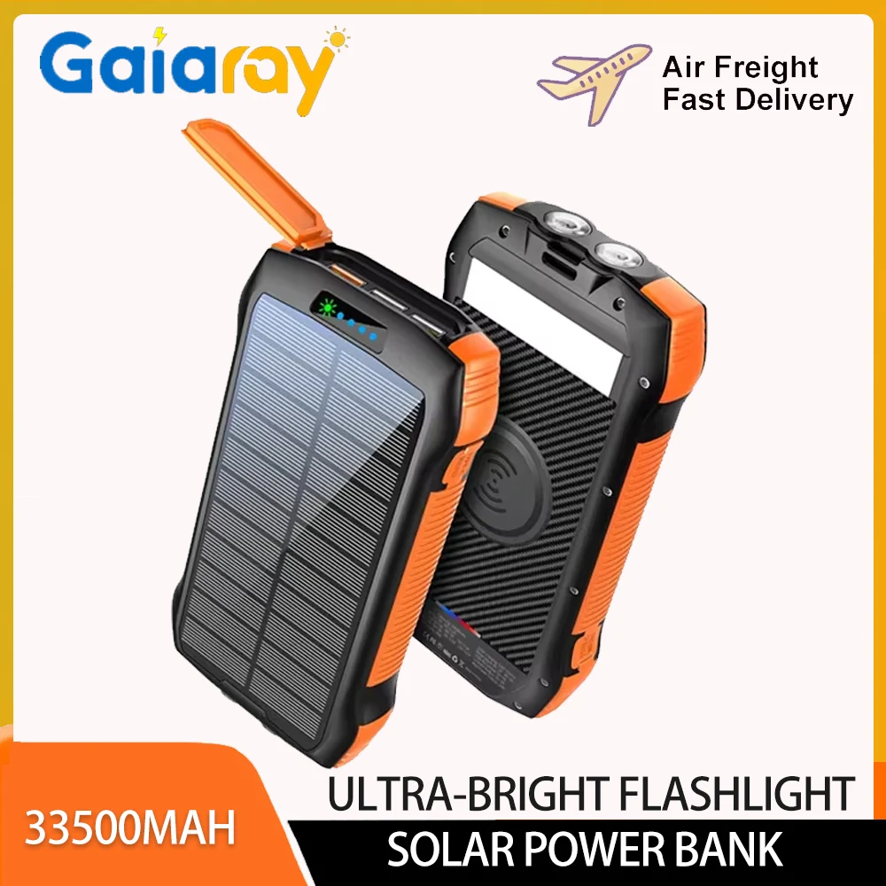 

Солнечное зарядное устройство Gaiaray Power Bank 33500 мАч Портативный резервный источник питания Беспроводная быстрая зарядка USB-фонарик Type-C для улицы