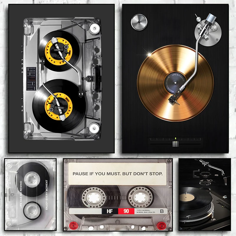 1pc frameless Vintage Cassette Poster Cassette DJ Turntable Canvas Prints Painting Gold Vinyl DJ Turntable Wall Art Pictures Hom