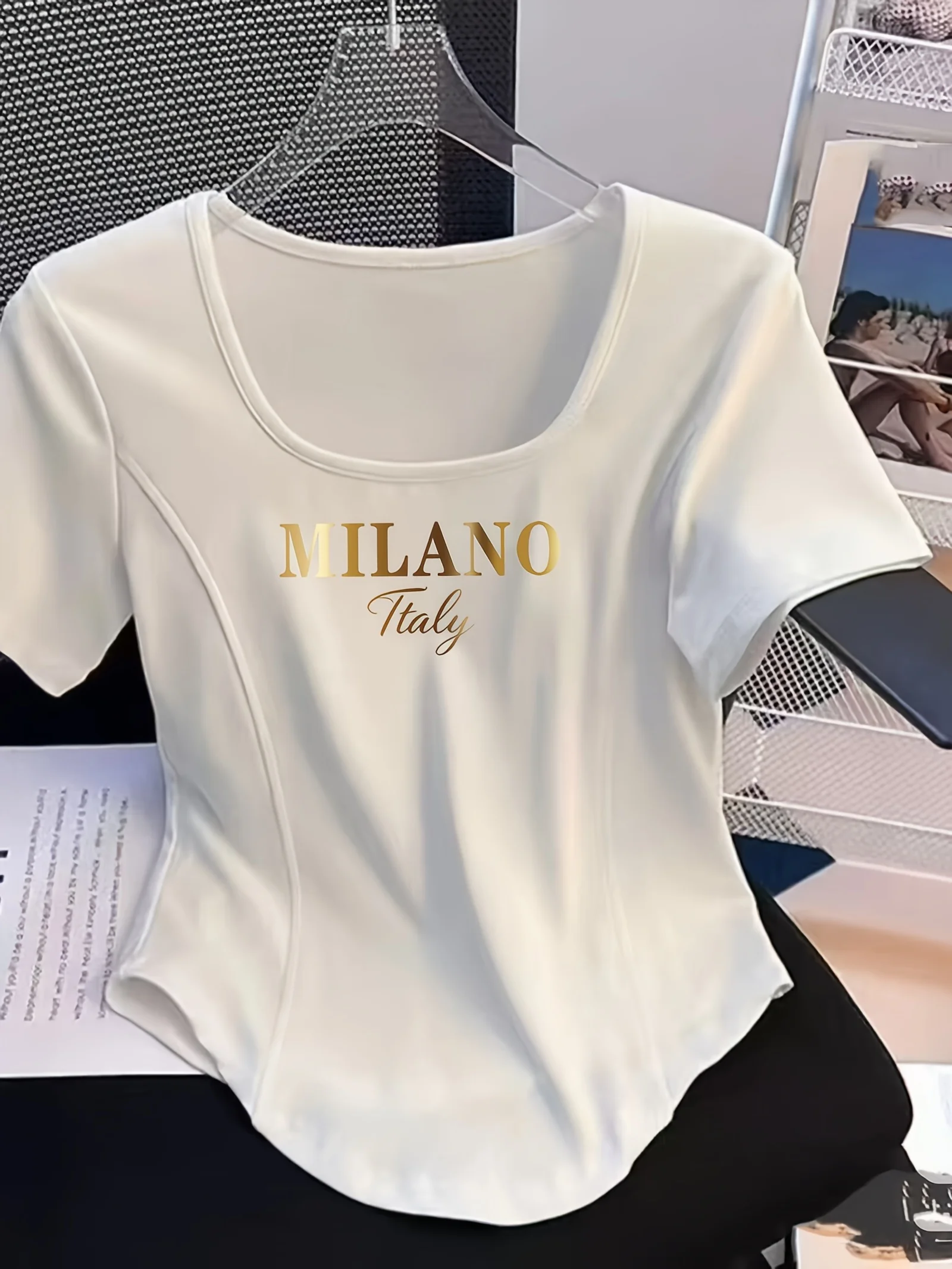 Y2K MILANO Italy Print Square Neck T Shirt Women Slim Fit Casual Short Sleeve Tops