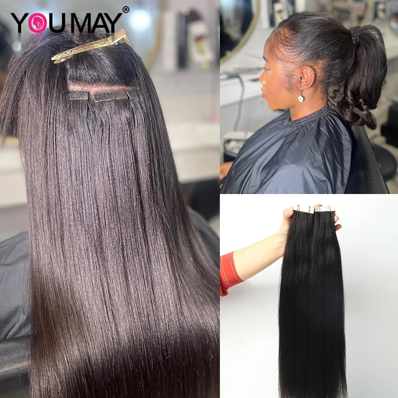 Extensiones de cabello humano Yaki Tape Ins para mujeres negras, 100% cabello humano virgen indio Real, cinta sin costuras, paquetes de cabello Yaki