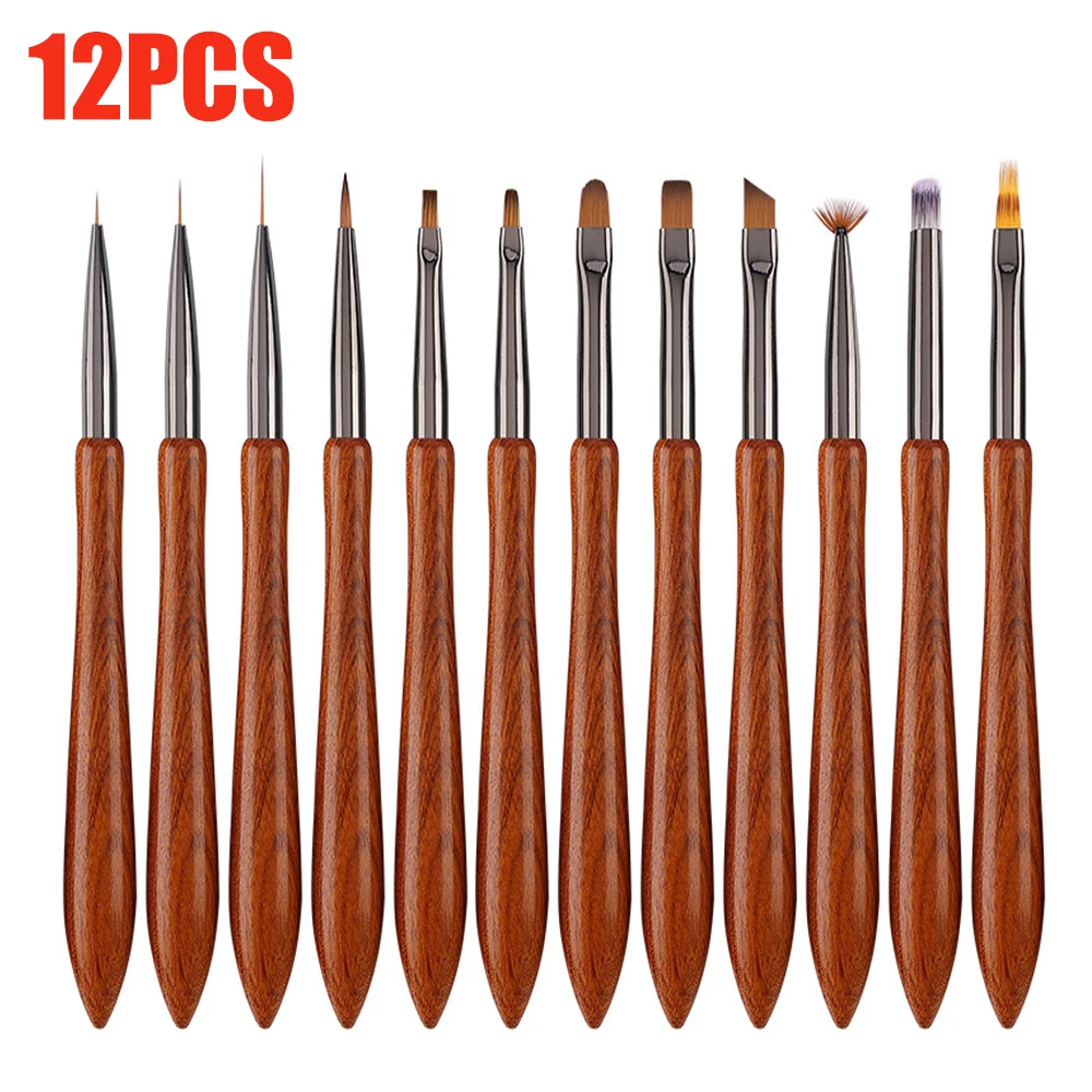 12PCS Wooden Handle Nail Art Brush Painted String Light Therapy Crystal Carving Gourd Wooden Pen Gemstone Blending Nail Art Tool