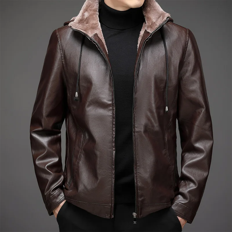 Jacket Men Winter Waterproof Faux Leather Jacket Fur Collar Fit Men Jacket Hooded Outerwear Vintage Fashion High Quality Coat