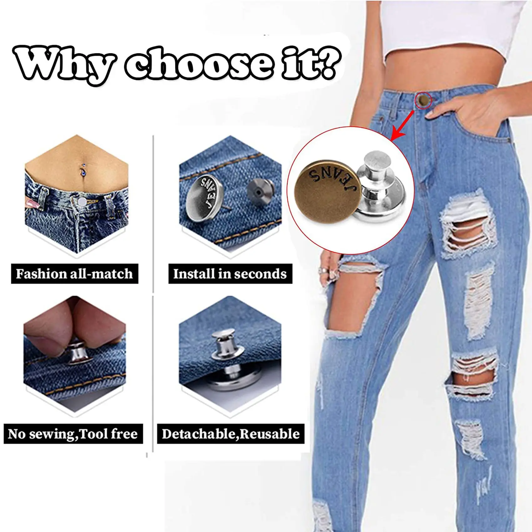 

PZHI-8 Sets Of Button Pin Jeans, Seamless Fit, Detachable Pants Button Pins, Perfect Fit Instant Jeans Buttons