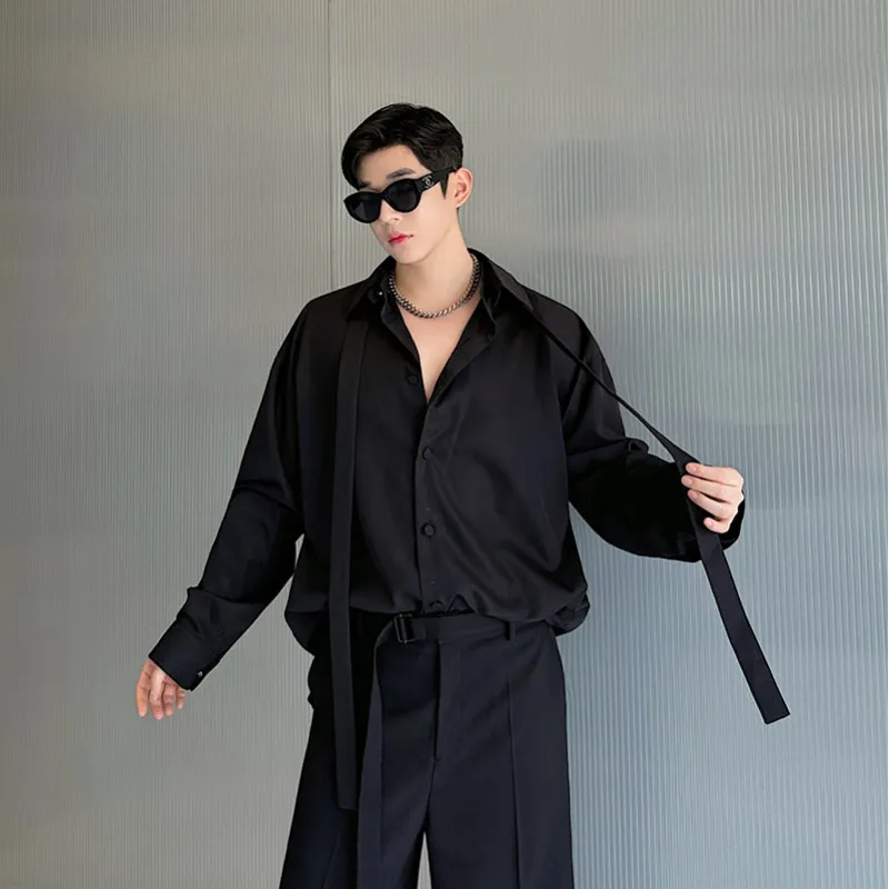 

Advanced Autumn Mens Long Sve irt Detachable Collar Sa Korean Sle Bla Cleanfit Loose Fit Youthful Trend All Seasons