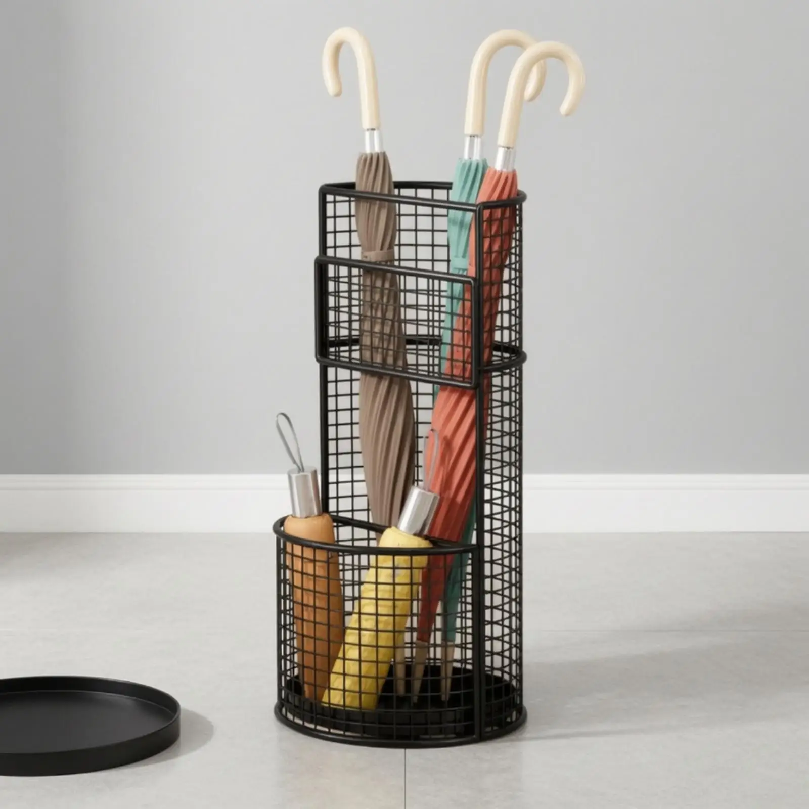 Metal Umbrella Rack with Two Tier Storage Compartments and Removable Drip Tray for Hallway Organization