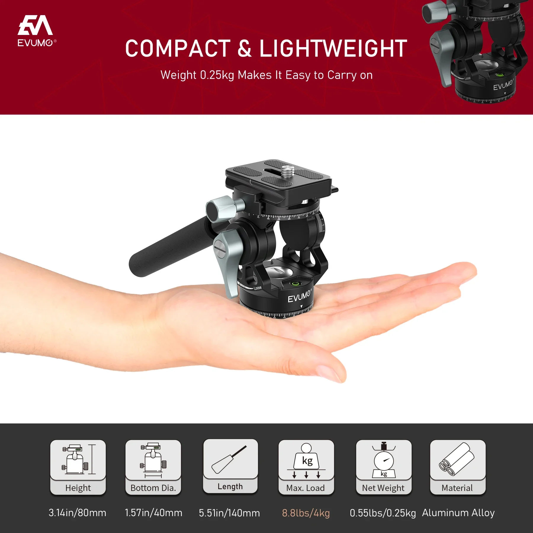 Mini Hollow Hydraulic Head Tripod Tilt Head Camera Video Head with Handle for Tripod Monopod Arca Q.R Plate for Dslr Camera