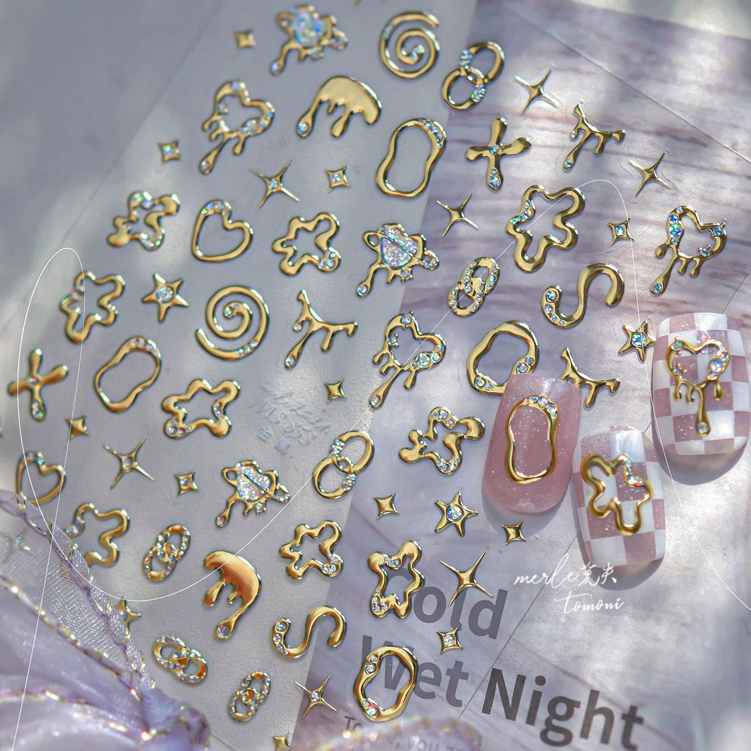 Letters de Lava fluentes irregulares, línea de estrella, cadena de corazón de amor, borde plateado estampado dorado brillante, pegatinas elegantes para decoración de uñas, calcomanías para manicura