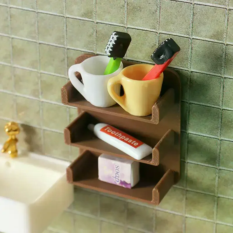 7Pcs Miniature Doll House Bathroom Scene Decor 1:12 Dollhouse Mini Cup Toothpaste Toothbrush Set Simulation Storage Rack Model