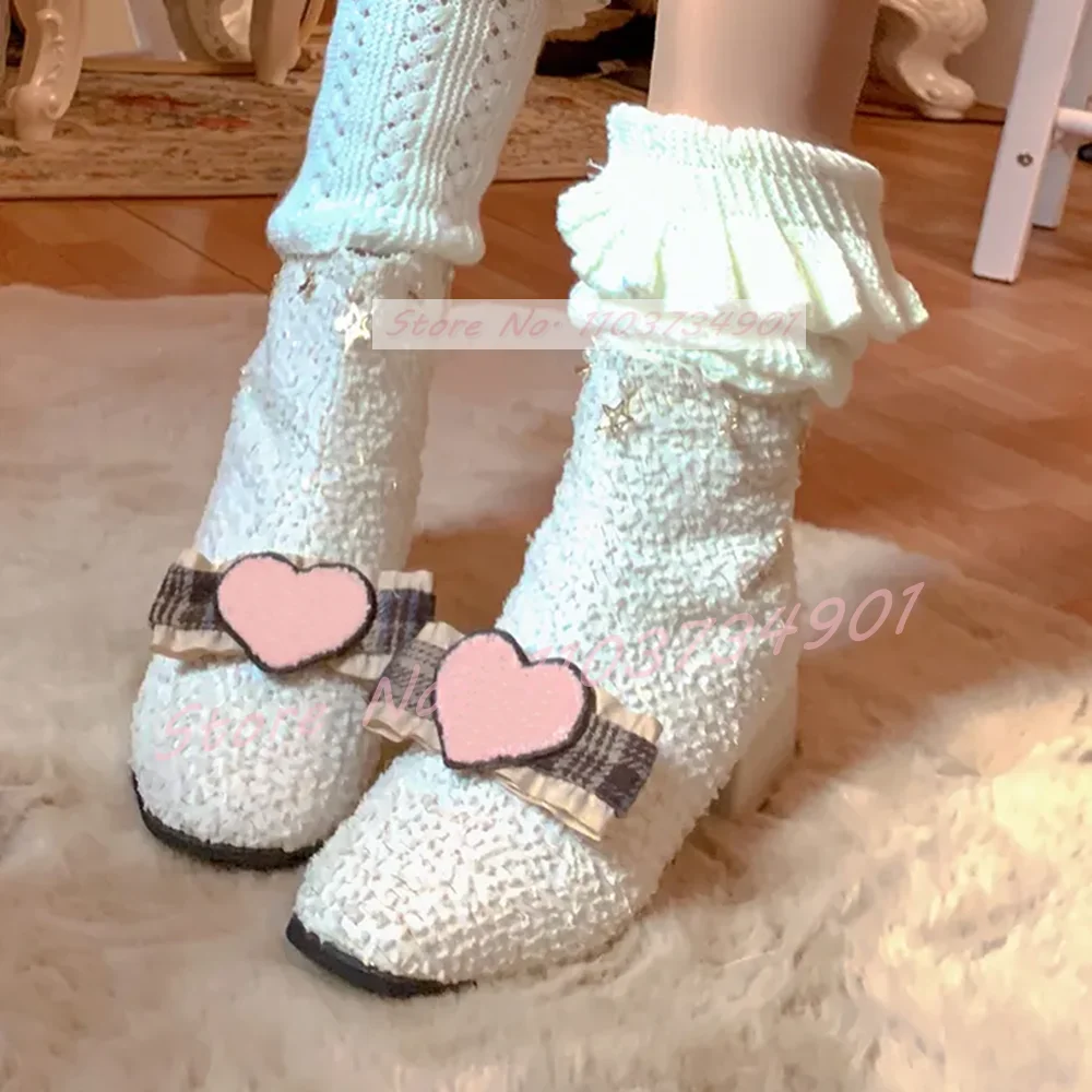 Pink Heart Furry Bowknot Pearl Ankle Boots Women Fluffy Lolita Star Round Toe Chunky Mid Heels Shoes Ladies Fashion Sweet Boots