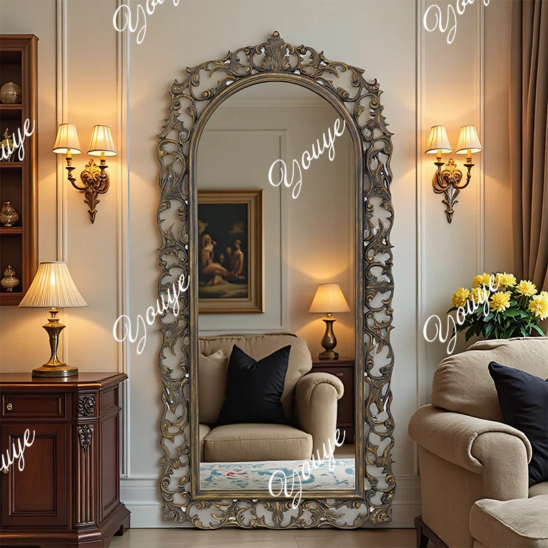 French classical brown floor-to-ceiling full-body mirror American retro high-value full-length mirror cloakroom fitting mirror c