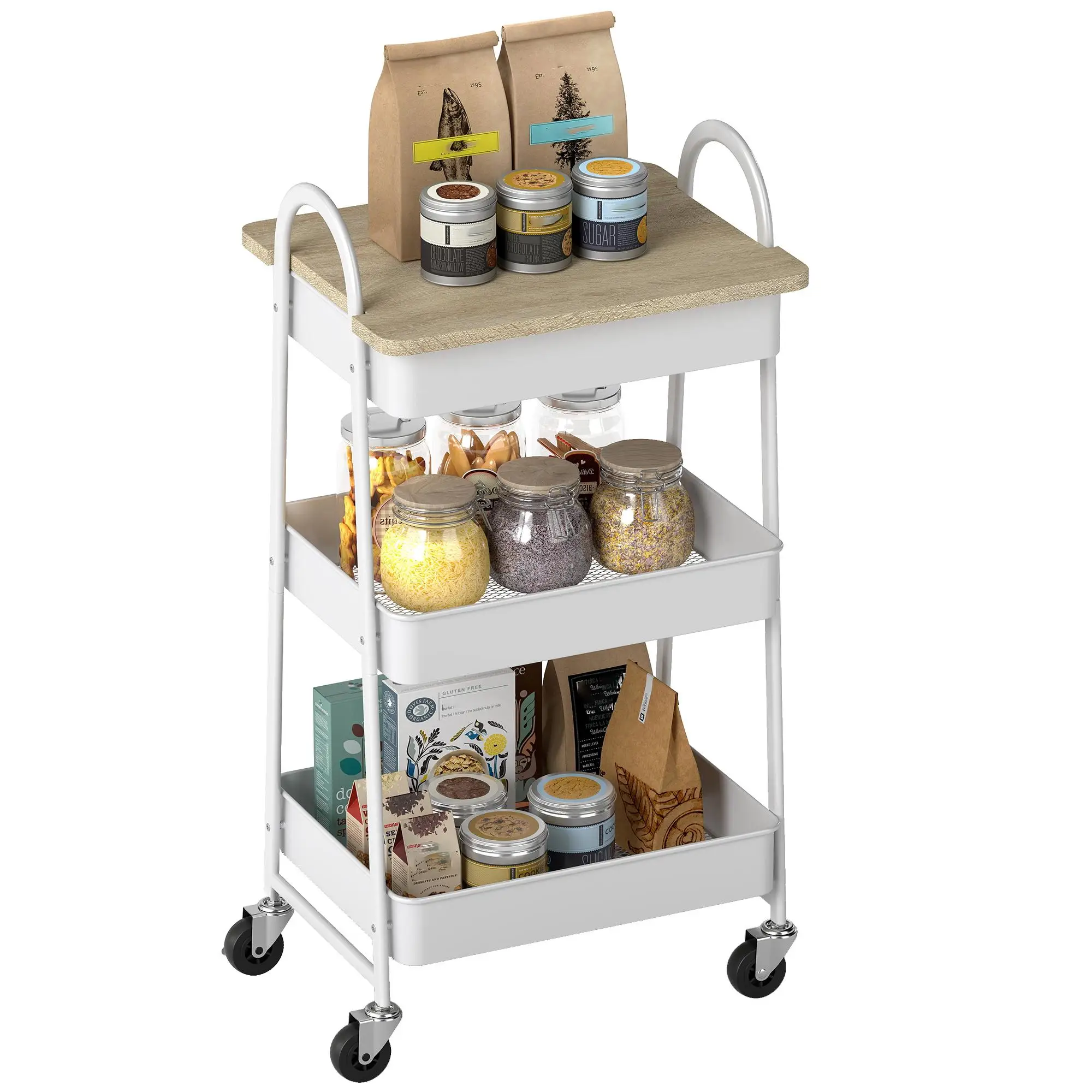 Meuble de cuisine 3 niveaux avec 4 roulettes, Chêne, 45x32x77,5 cm, avec surface recouverte