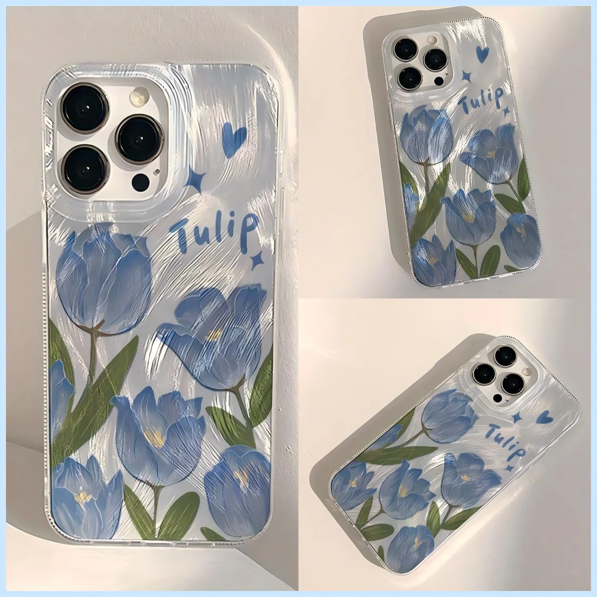 Fresh Blue Tulip Phone Case for Samsung Galaxy S26 S25 S24 S23 S22 S21 FE Ultra Plus 4G 5G Feather Texture Back Cover