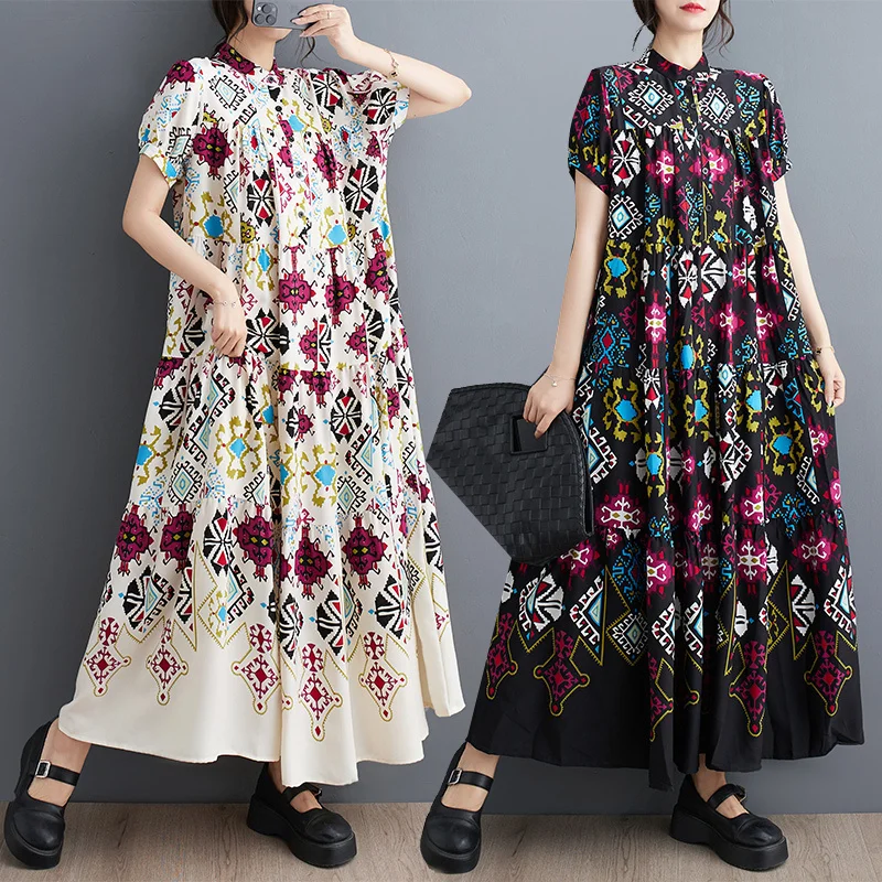 #3417 Black White Long Shirt Dress Floral Printed Button Front Shirt Dress Women Stand Collar Loose Vintage A-line Pleated Dress