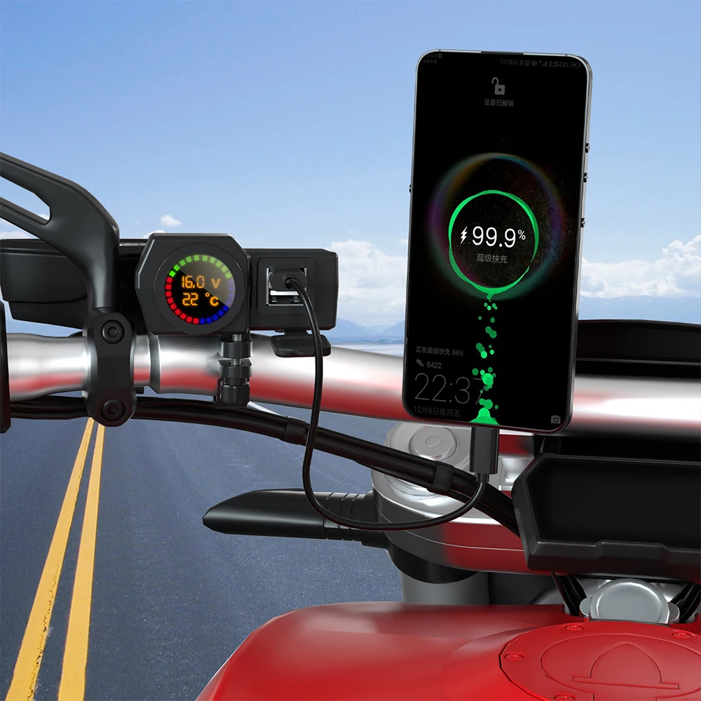 Chargeur USB Type C pour Moto Touriste, 12-24V, QC3.0, Charge Rapide, Voltmètre Therye.com, Affichage Numérique, 3.4A, Prise de Chargeur de Téléphone