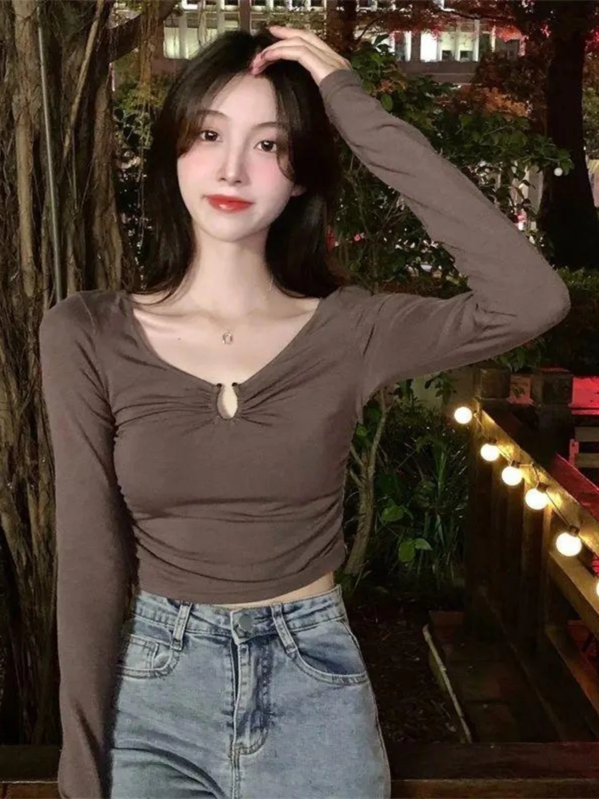 ort Svel U-Ne Long Sve T-Shirt Damen Frühling Herbst Schlankheitsbasis irt Design Pure Desire Koreanisches SLE-Top