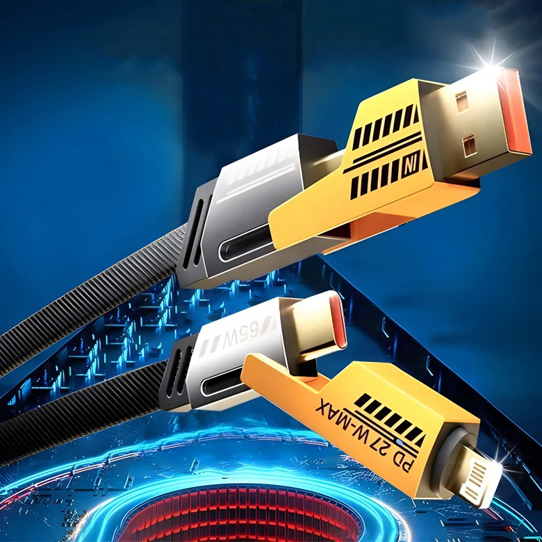 2025 جديد Mecha أربعة في واحد 6A كابل بيانات شحن سريع أصفر وأسود مضفر مزدوج النوع اثنين إلى اثنين كابل شحن #6