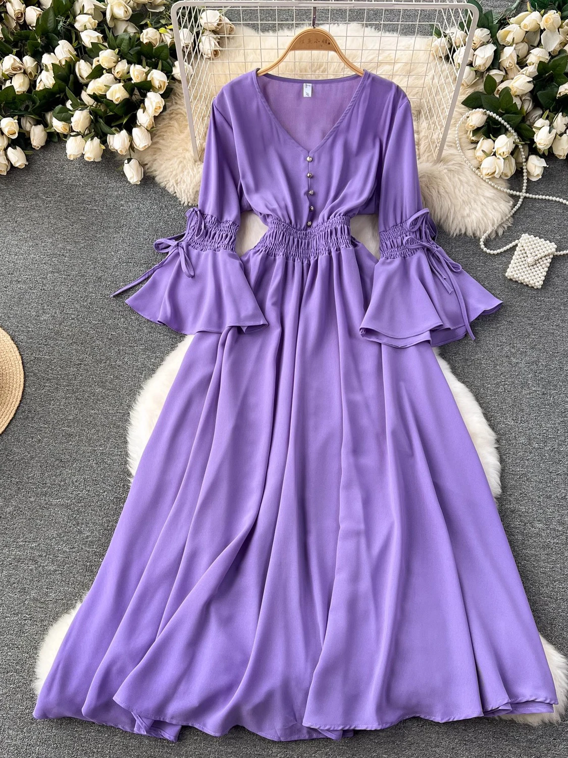 Spring Autumn Green/Red/Purple/Blue Long Dress Women Elegant V-Neck Flare Sleeve High Waist Holiday Beach Maxi Robe Vestidos New