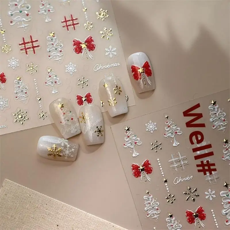 Cute Christmas Style White Christmas Tree Snowflake Nail Art Stickers Red Bow Nail Art Print Embossed Sticker Festive Nail Decor