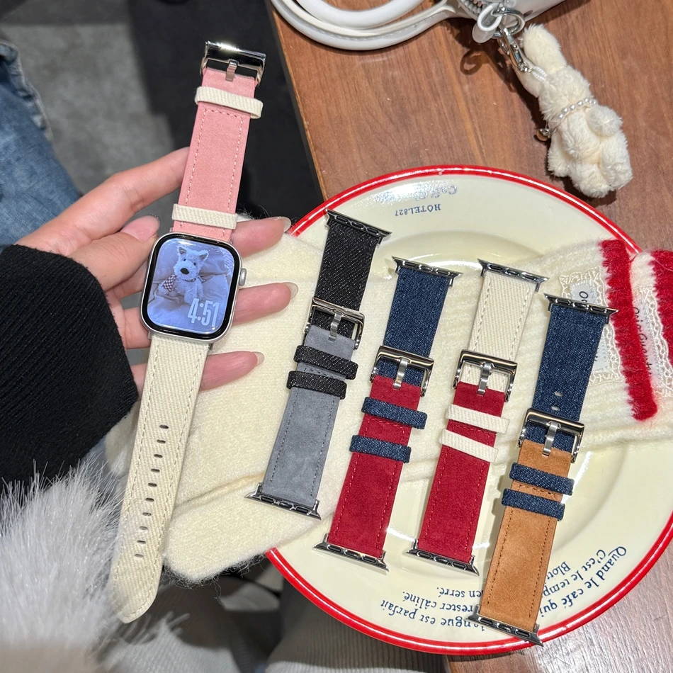 Suede Demin Color Match Leather Bracelet For Apple Watch Band S11/10/9/8/7/6/Ultra iWatch Strap 49/46/45/44/42/41/40/38mm Casual
