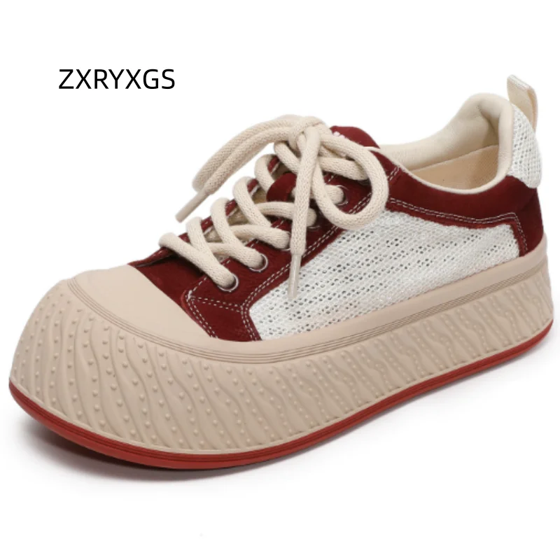 ZXRYXGS Real Cowhide Mesh Fashion Versatile Casual Sneakers Sandals Platform Elevator Shoes Breathable Women Trendy Shoes 2026