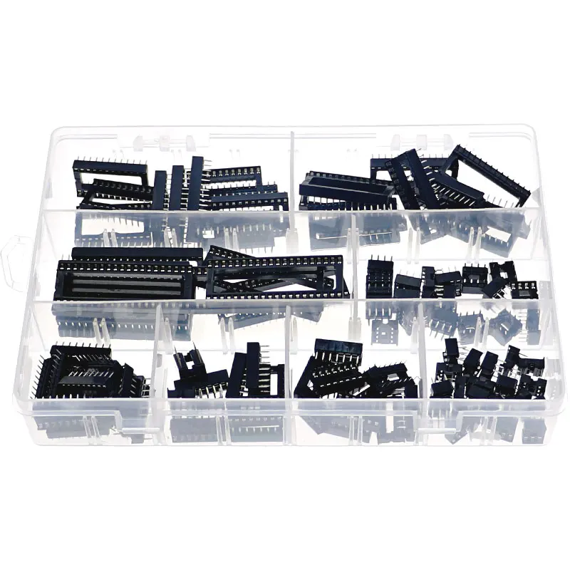 100 Stuks 2.54Mm Pitch Dip Ic Sockets Solder Type Adapter Assortiment Kit Doos 6p8p14p16p18p24p28p40 Pin