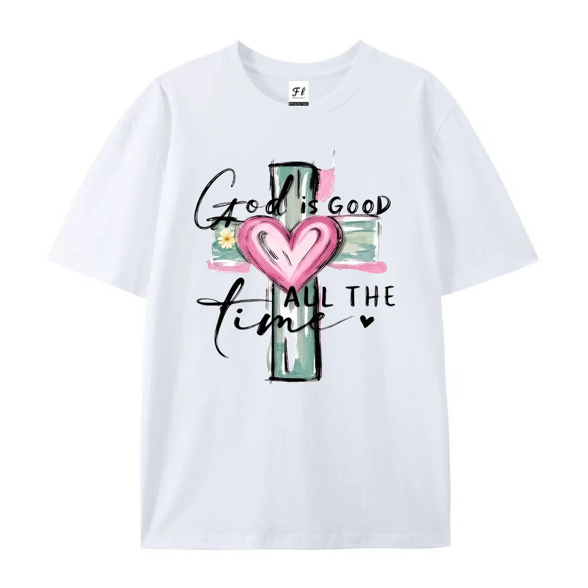 God Is Good All The Time Cross Heart T-Shirt Christian Faith Religious Tee Women's Casual Short Sleeve Shirt Inspirational Tops