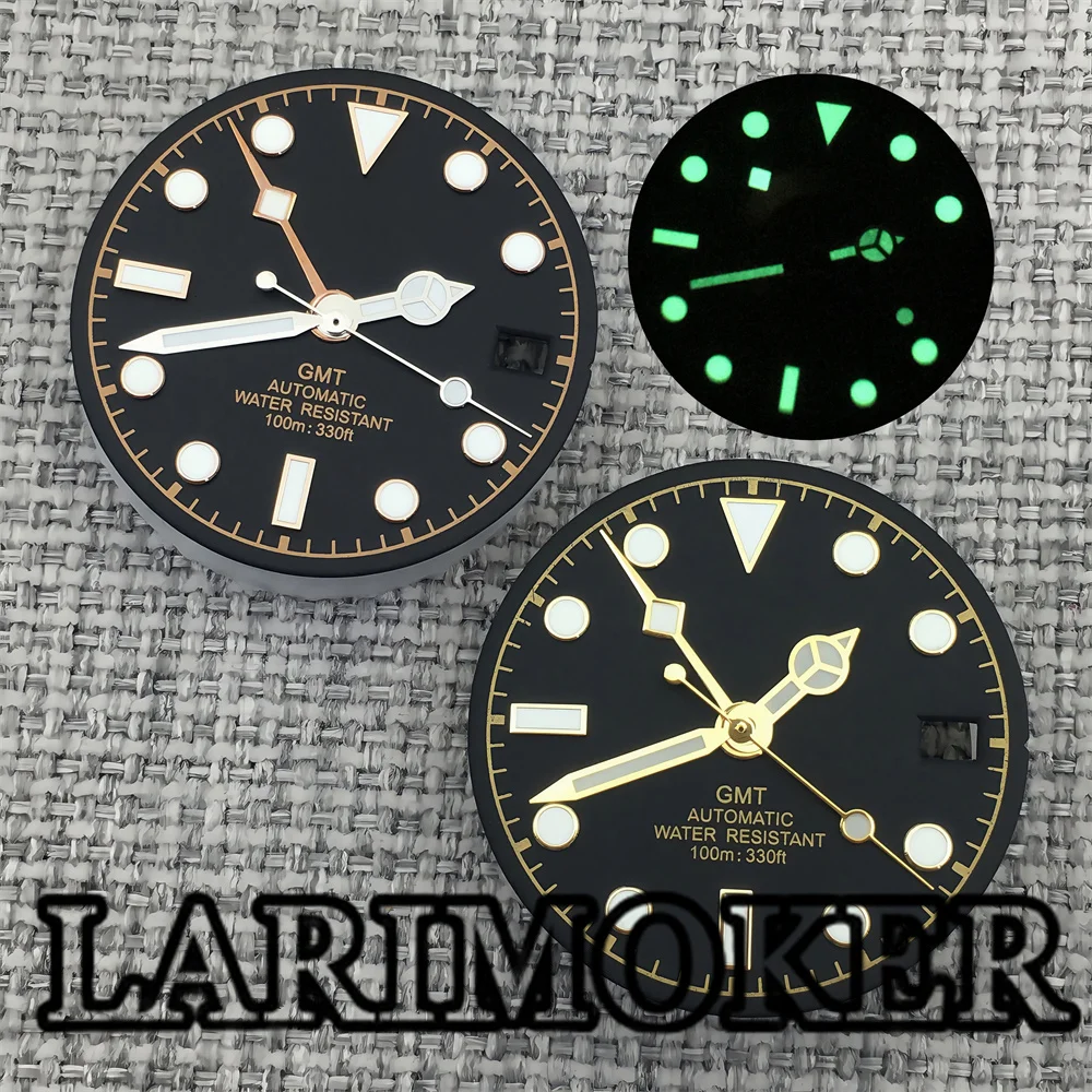 LARIMOKER 29mm watch accessories 4-hand single calendar black dial for NH34 (GMT) Automatic Movement Luminous