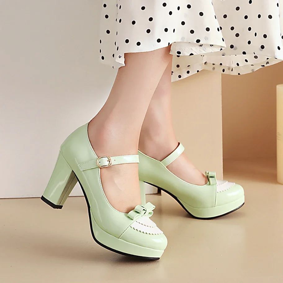 Zapatos de tacón con plataforma para mujer, zapatos con pajarita, tacones altos gruesos Vintage para fiesta, boda, graduación, zapatos para niñas, talla grande 33-43