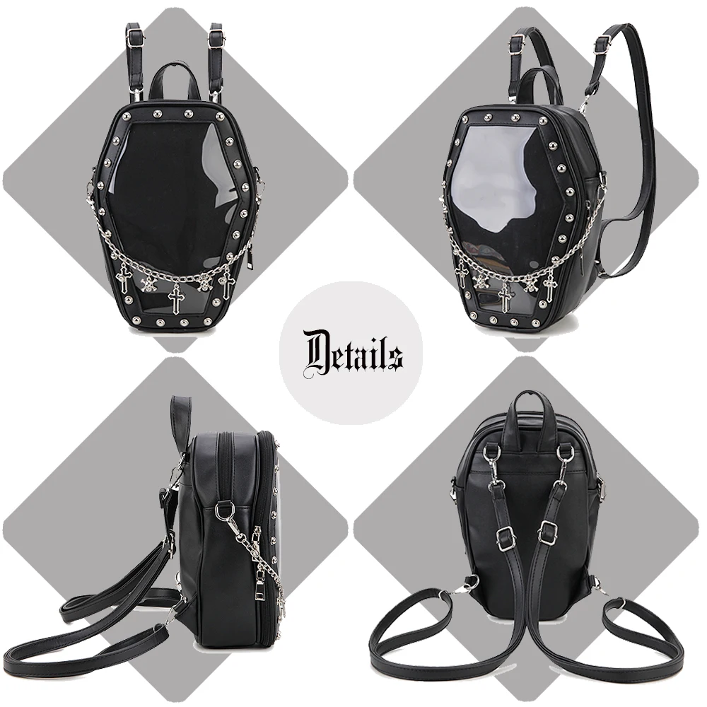 Gothic Punk Sargform Ita Tasche Damen Klare Rucksäcke Dark Lolita Handtasche und Umhängetasche Mädchen Cosplay Designer 2-Einsatz – Detail 13