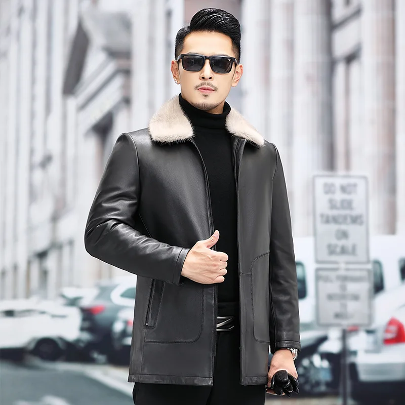 Winter Men's New Genuine Leather Clothes Outwear Male Mink Hair Collar Warm Down Jackets Sheepskin Fashion Lapel Plus Size Coats