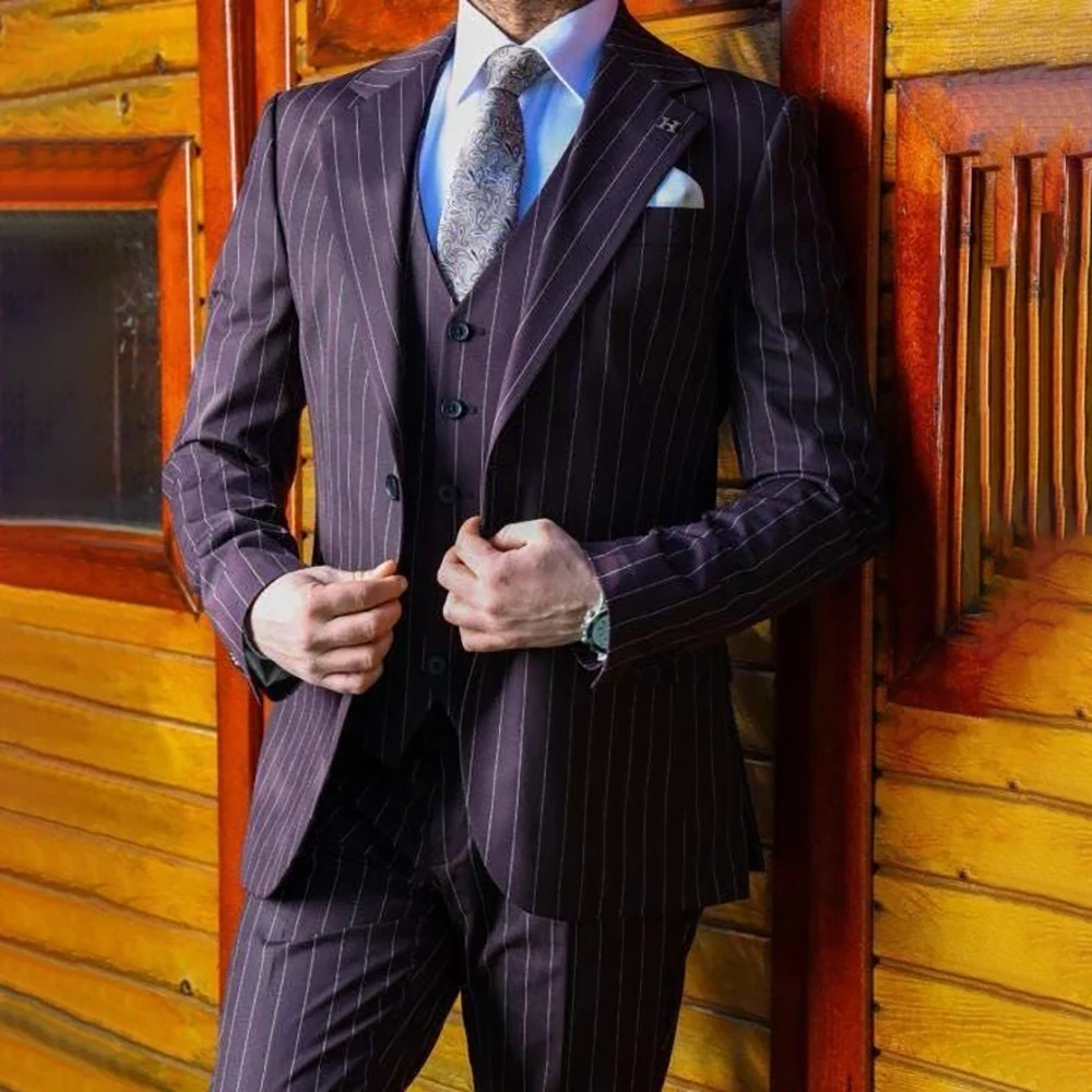 

Luxury Stripe Men's Suits Formal Single Brested Notch Lapel Slim Fit 3 Piece Jacket Pants Vest High Quality Slim Fit Wedding Set