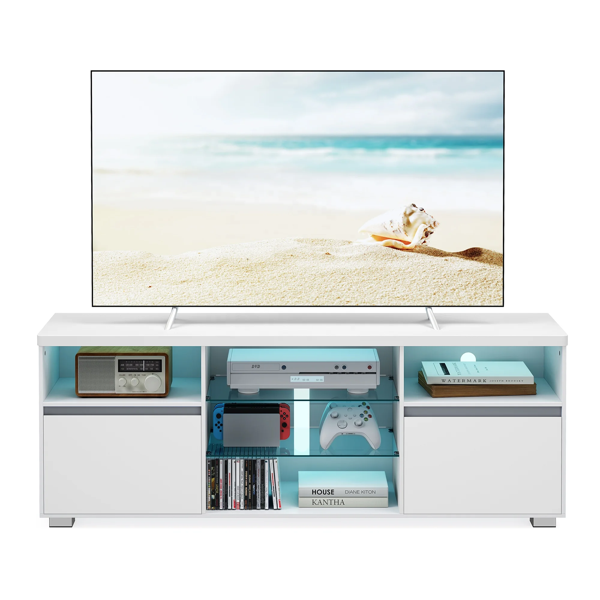 TV Stand with LED Lights for TVs up to 70 Inch TV Console  Entertainment Center with Open Glass Shelves