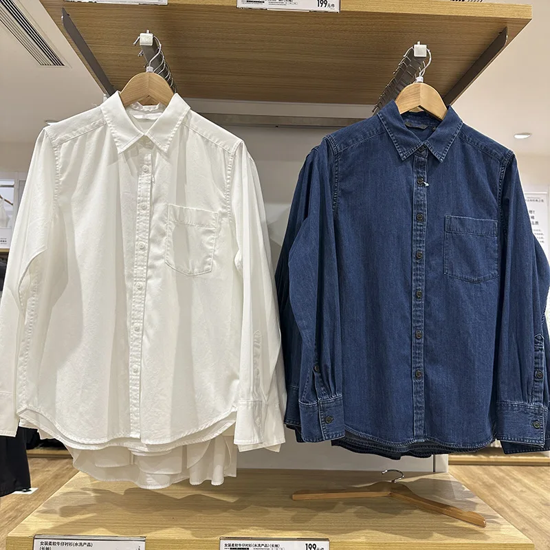 

2025 Autumn New Comfortable Soft Women Denim Shirt Fashion Collar Female Casual Long Sleeve Blouses