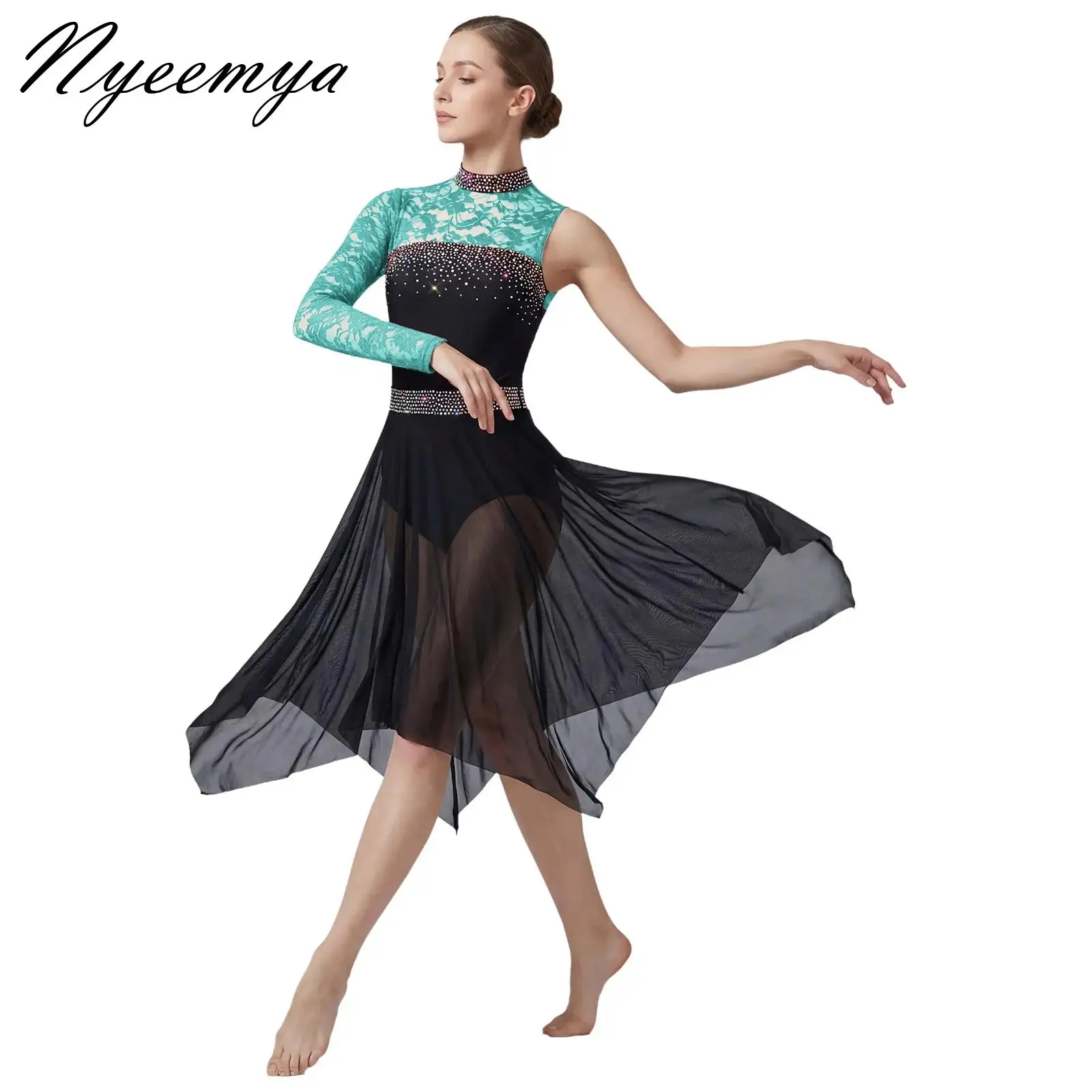 

Women Lyrical Contemporary Modern Waltz Dance Performance Costume Shiny Rhinestones Asymmetrical Built-in Briefs Leotard Dress