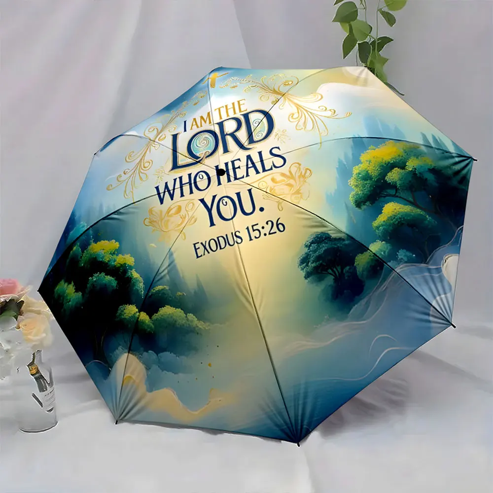 1PC Biblical-Themed Umbrella with Healing Message Design Print 8 Iron Ribs Folding Umbrella Auto-Open Fashion Sunshade