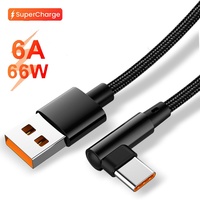 66W 6A USB to Type C 90° Fast Charging Weave Data Cable For iPhone Xiaomi Redmi Huawei 1M 2M Nylon Braided Game Charger Cord