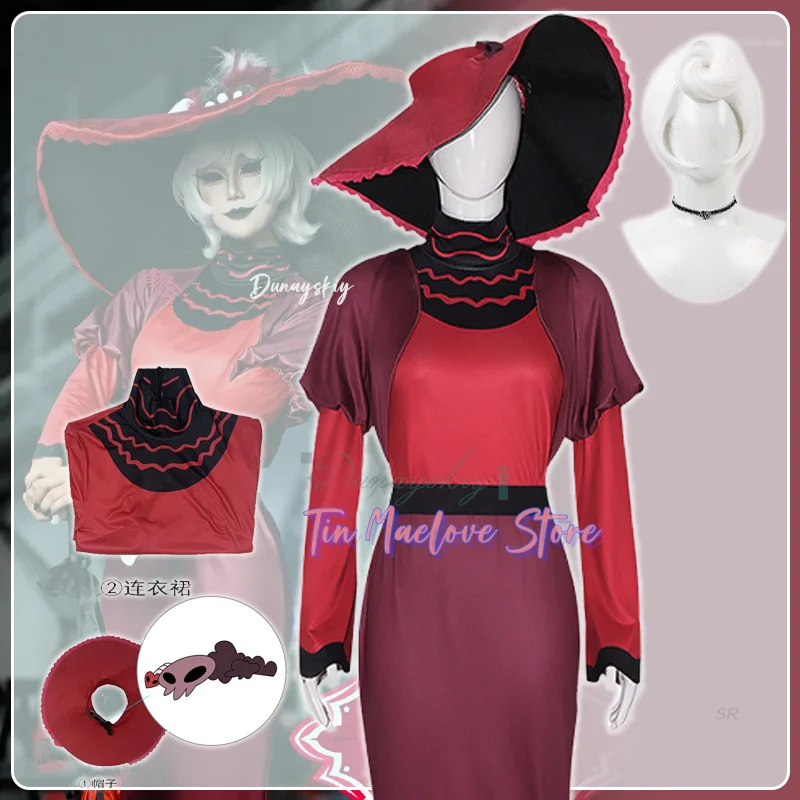 

Anime Rosie Cosplay Black And Red Tight Fishtail Dress Costume Hell Female Lord Wide Brim Hat Wig Lady Suit Devil For Halloween