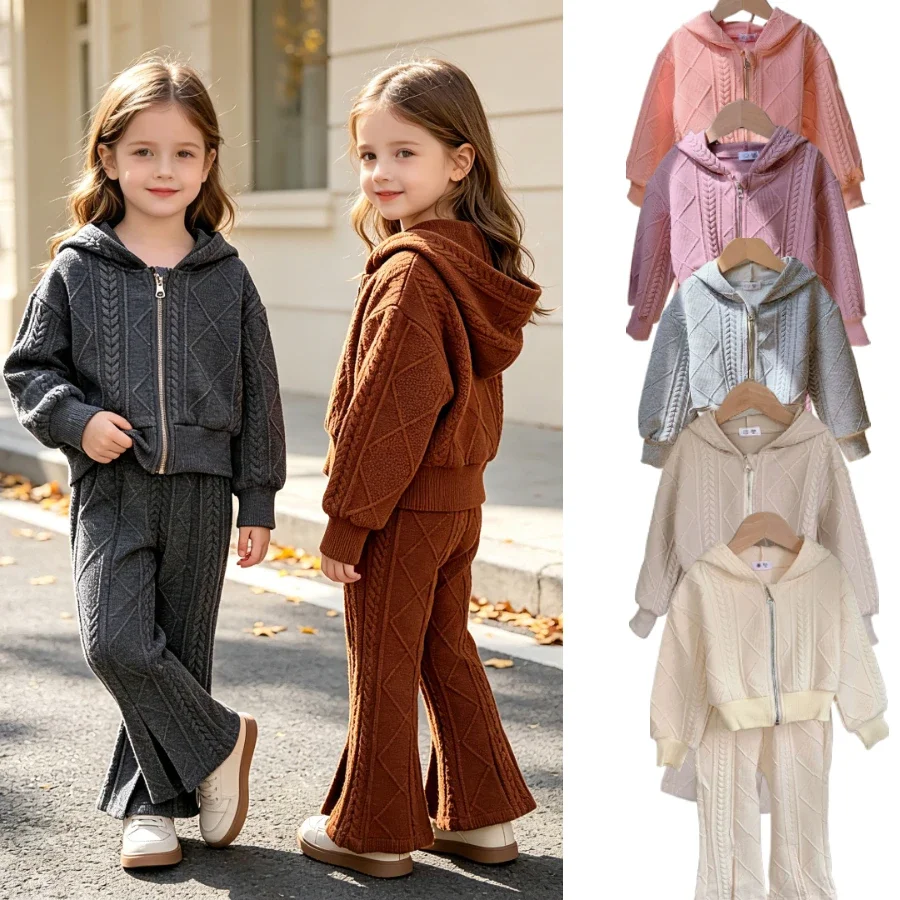 Girls Hooded Tracksuit 2-Piece Long Sleeve Zip Jacket Bell-Bottom Pants Cable Knit Textured  School Kids Casual Daily Wear 2-12Y