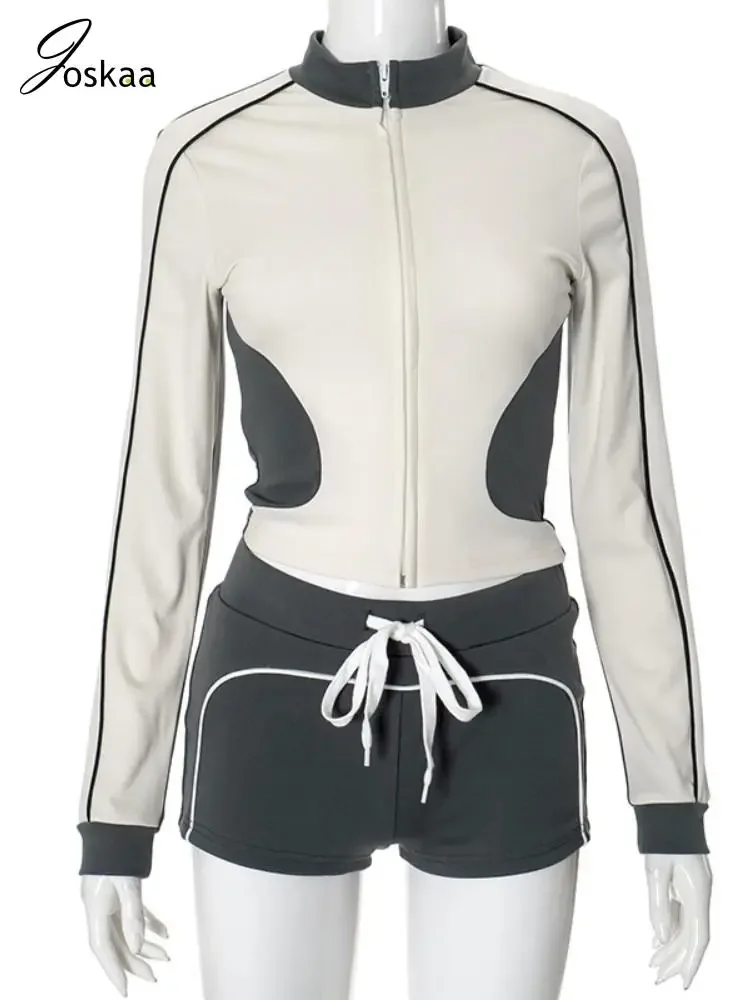 Yomesugar المرقعة رياضي 2 قطعة مجموعات النساء محب كم طويل المحاصيل الستر والسراويل الرباط مطابقة الخريف رياضية