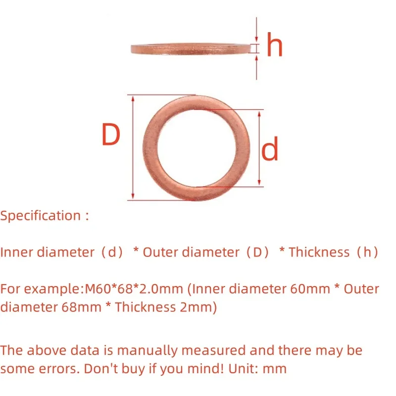 Flat Gaskets M3 M4 M5 M6 M8 M10 M12 M14 M16 M18 M20 M22 M24 M27 M30 M50 M60 Copper Plain Washer Boat Fastener Hardware