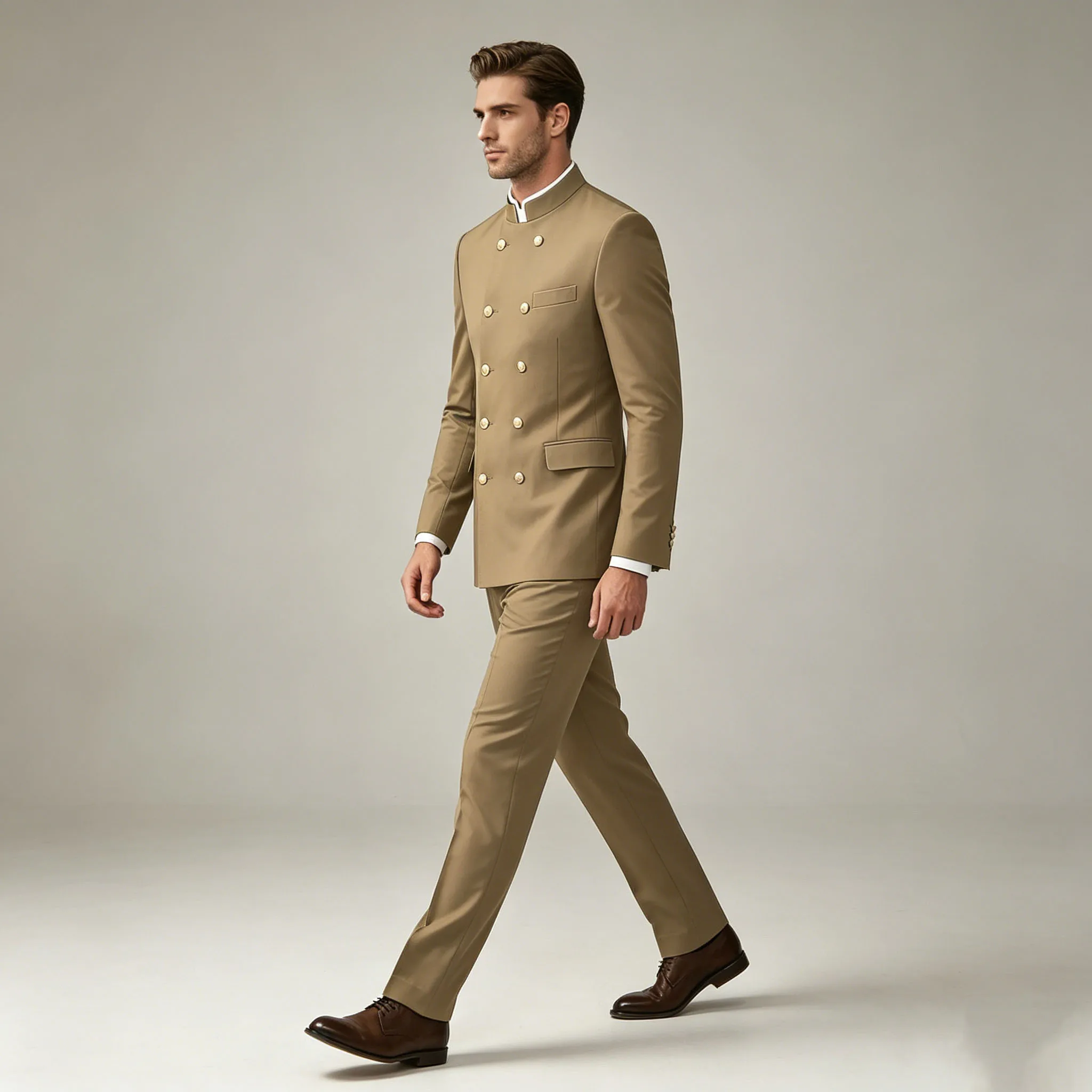 Men's Chinese Style Suit Solid Color Double Breasted Mandarin Collar 2 Piece Set Gold Button Formal Business Wedding Blazer Pant image 2
