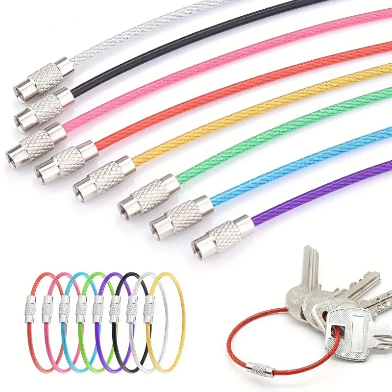 Chaveiro de fio de aço inoxidável colorido, chaveiro com trava de parafuso, corda circular, laço de cabo para acampamento ao ar livre, etiqueta de bagagem, gadget