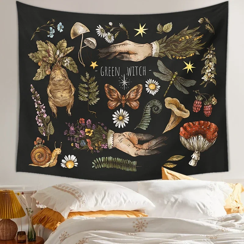 Vintage magic mushrooms Tapestry Wall Hanging witch hands mandrake root mushrooms plants Home Decor Decoration Mural Decor