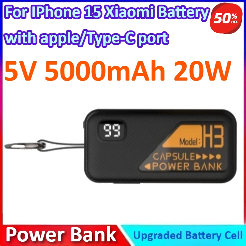 

5V 5000mAh 20W Powerbank Built-in Cable PD Portable Charger for IPhone 15 Samsung Xiaomi External Battery with apple/Type-C port