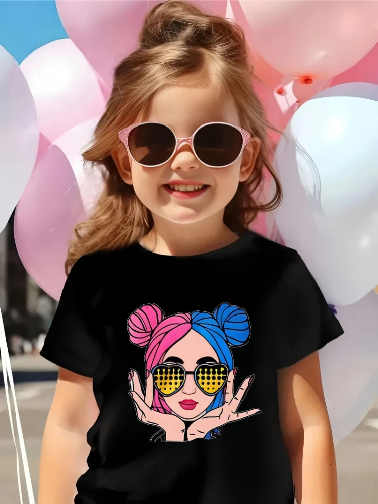 Sommer Mädchen Freizeit T-Shirt Mode Rot Schwarz Haar Mädchen Bedrucktes Kurzarm-Oberteil Kinder Atmungsaktives Bequemes Outdoor-T-Shirt Neuer Stil