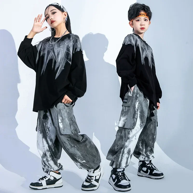 Kid Hip Hop Clothing Girl Boy Jazz Dance Costume Clothes Black Stars Sweatshirt Top Casual Street Tie Dye Cargo Jogger Pants