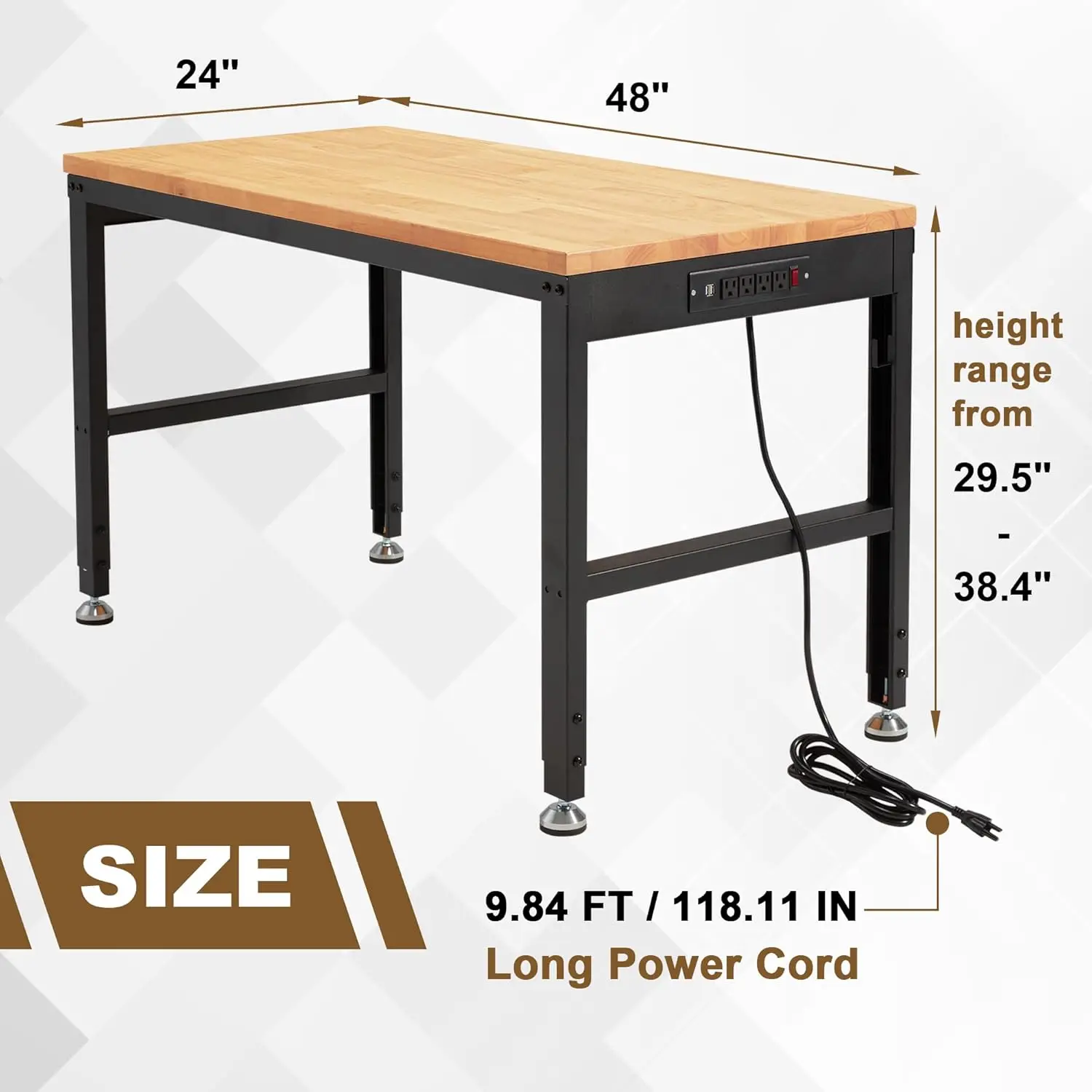 HABUTWAY Height Adjustable Workbench 48"x 24" 2000 Lbs Capacity Oak Wood Work Station Heavy-Duty Work Benches with Power Outlets