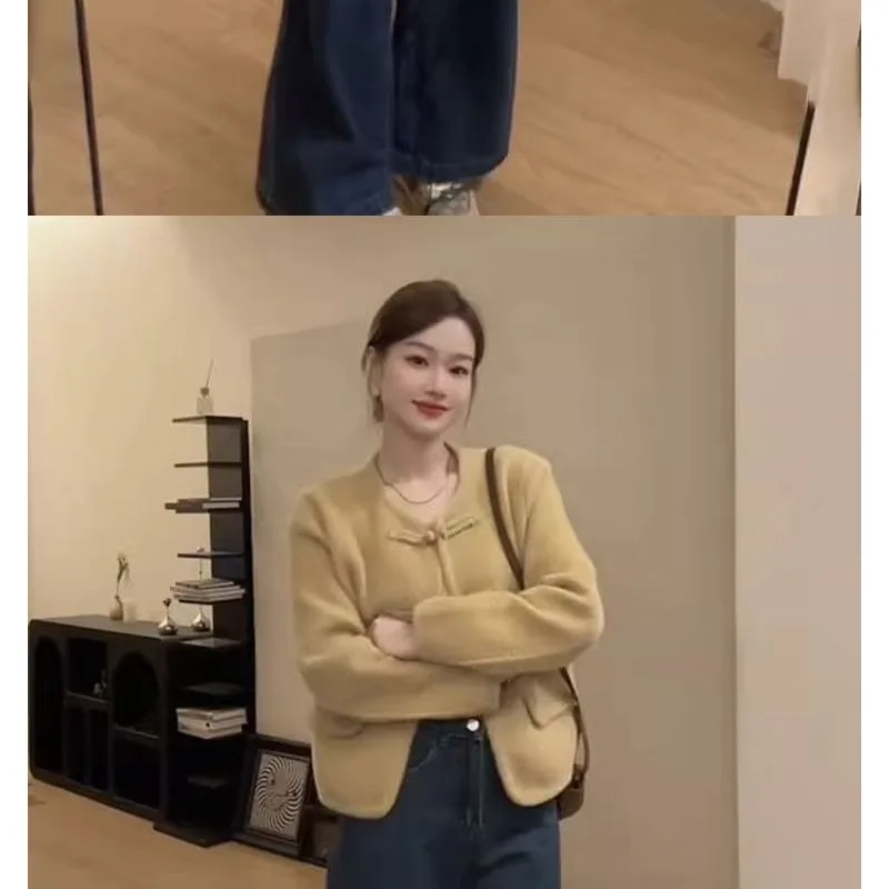 Nuevo Chaqueta con hebilla Retro de estilo chino, Top corto holgado y delgado para mujer