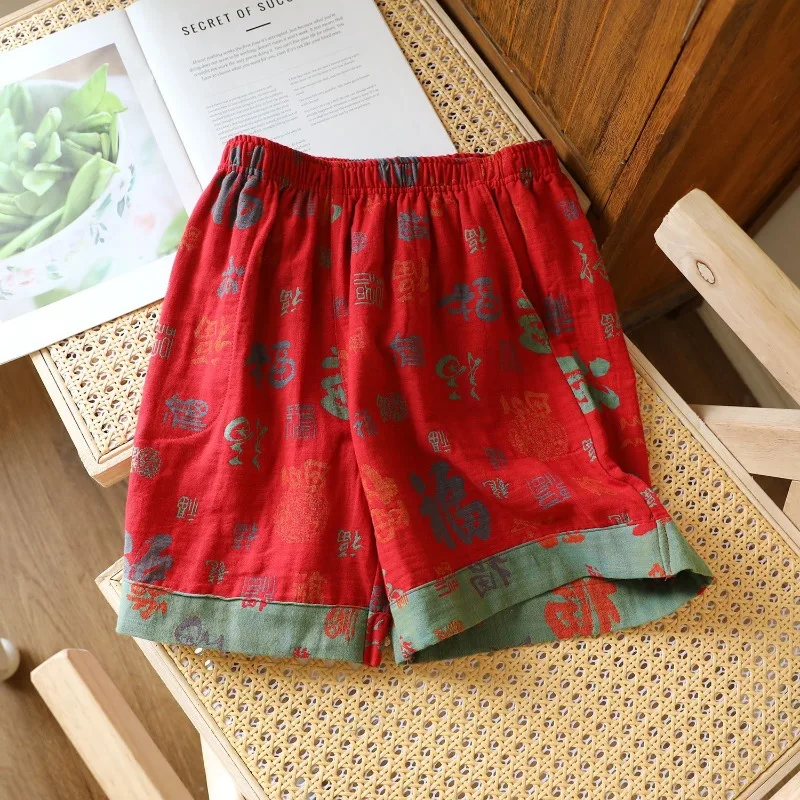 

Летние хлопковые шорты, окрашенные в пряжу, женские брюки с тремя точками, тонкие пижамные шорты с эластичной резинкой на талии, красные штаны для сна с принтом китайского слова